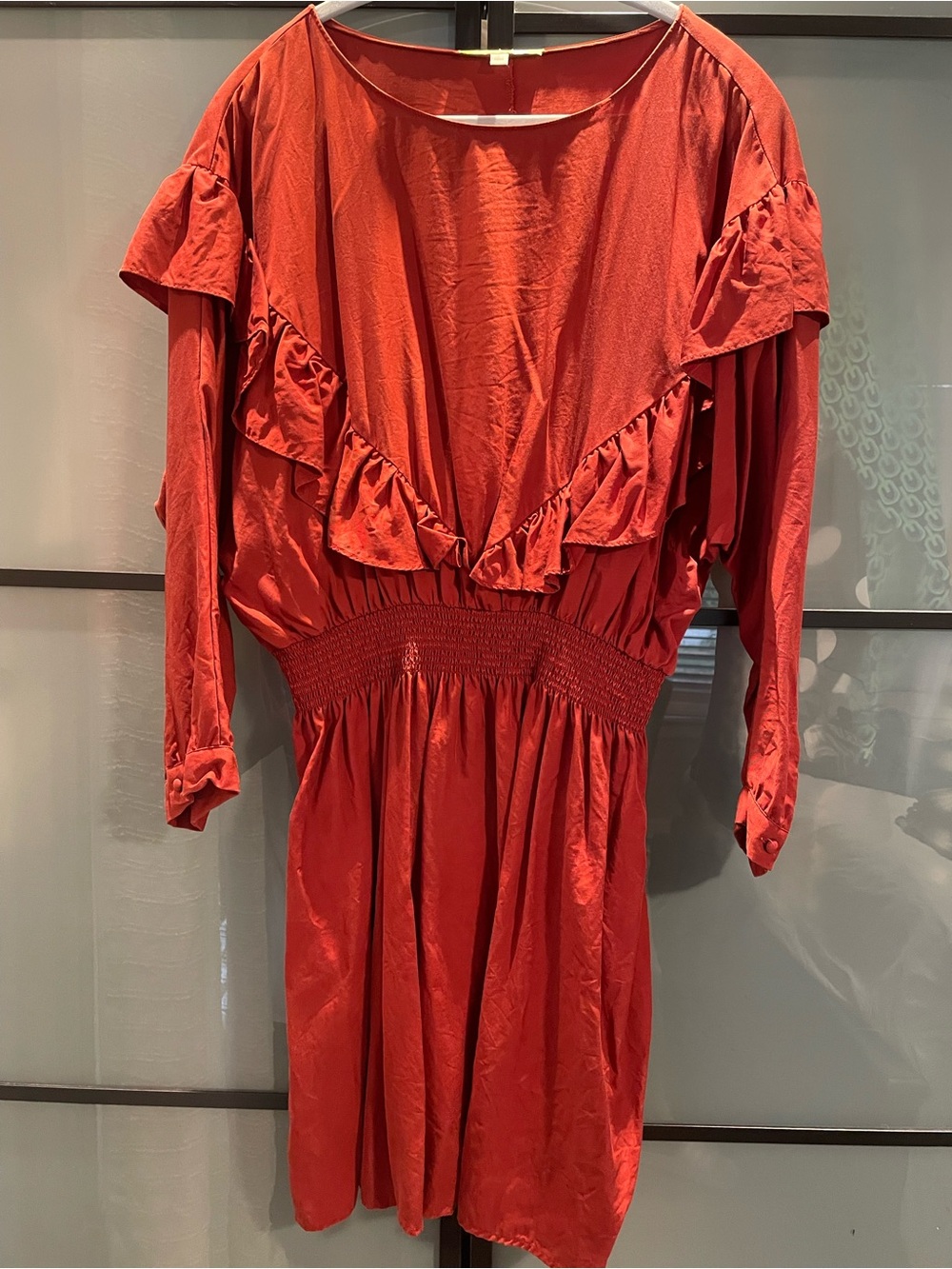 Long-Sleeve Rust colored Ruffle Dress with Smocked Waist